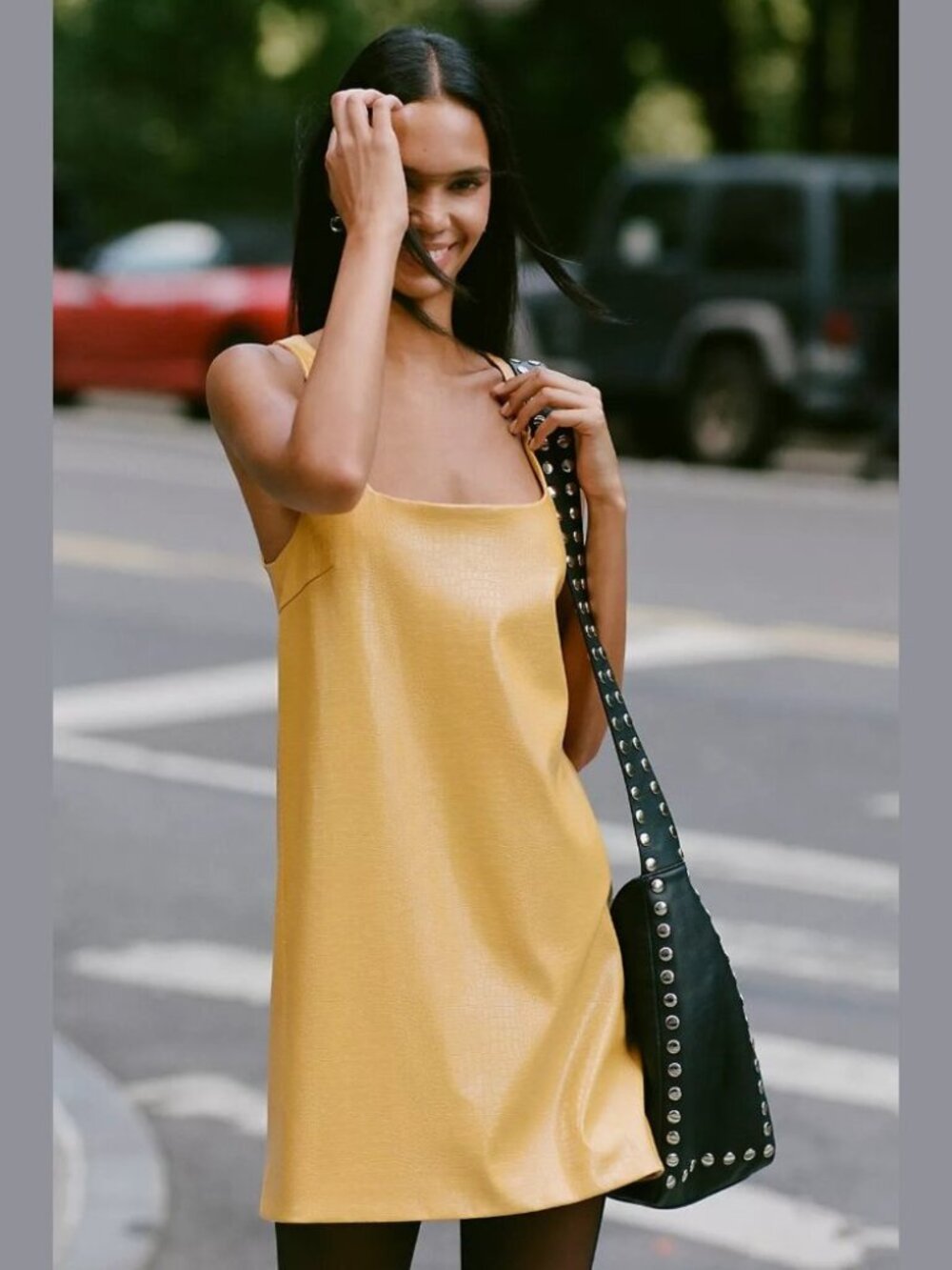 (NWT) Siempre x Anthropologie Faux Leather Embossed Mini Dress Yellow - Size M